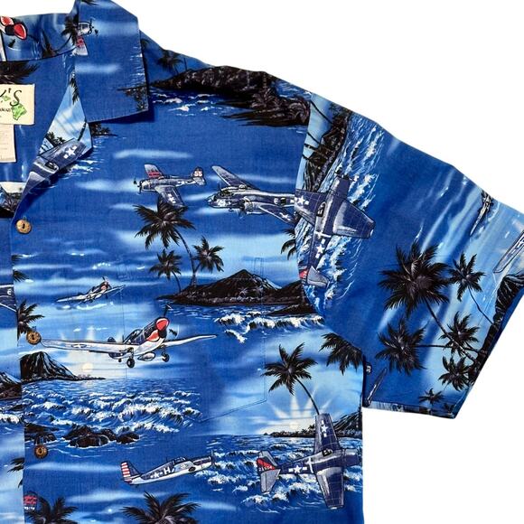 Vintage KY's Blue Hawaiian Shirt Size XL Pacific WWII Planes Short Sleeve Retro - Picture 5 of 7